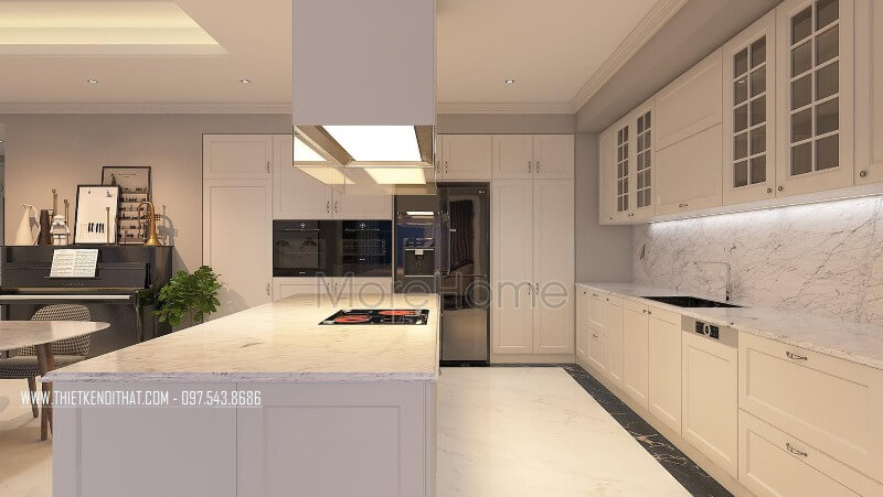 Phòng bếp được thiết kế tinh tế trong gam màu trắng tinh khôi với thiết bị bếp được lựa chọn mẫu thiết bị cao cấp nhất Thiết kế chung cư