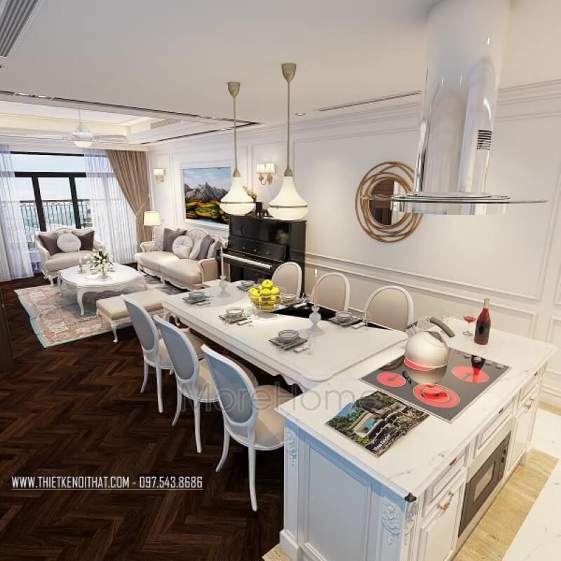 Tủ bếp gỗ tự nhiên với những đường nét chạm khắc tinh tế, kết hợp nội thất nhà bếp hiện đại mang lại sự thuận tiện cho quá trình nấu nướng cho gia chủ Tủ bếp gỗ, tủ bếp gỗ tự nhiên, tủ bếp tân cổ điển