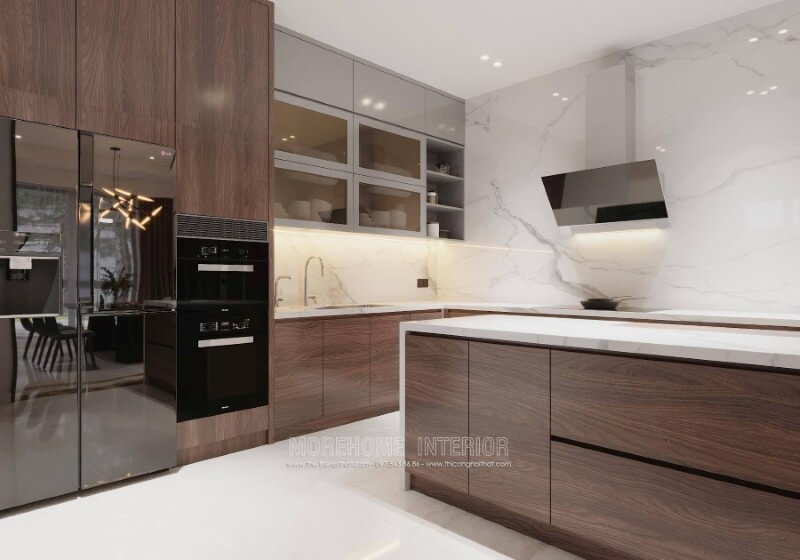 Tone màu nâu trầm chủ đạo từ bộ tủ bếp mang đến cho không gian nhà bếp ấm cúng hơn Tủ bếp gỗ, tủ bếp gỗ tự nhiên, tủ bếp tân cổ điển