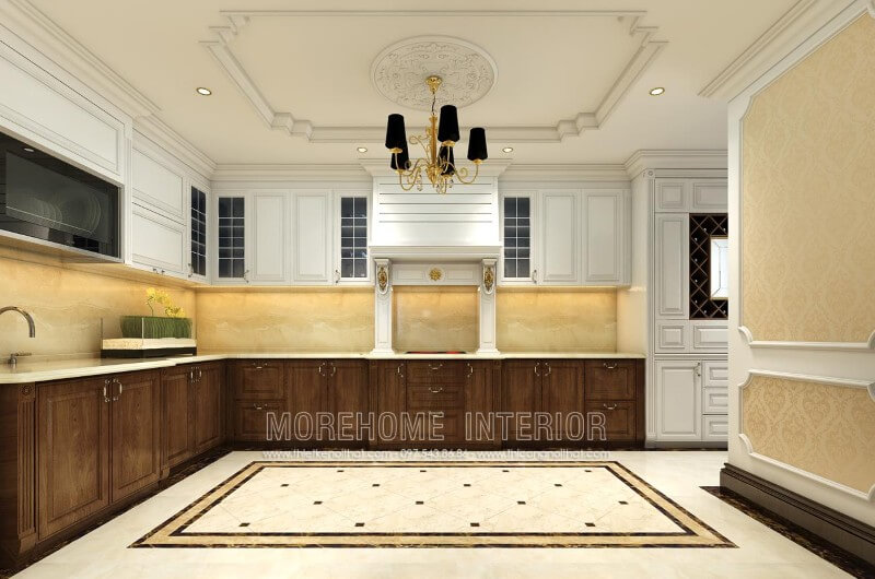 Mẫu thiết kế tủ bếp tân cổ điển được làm từ gỗ óc chó nhập khẩu cao cấp, các đường nét chạm khắc nhẹ nhàng tạo sự sang trọng không rối mắt người nhìn. Tủ bếp gỗ, tủ bếp gỗ tự nhiên, tủ bếp tân cổ điển