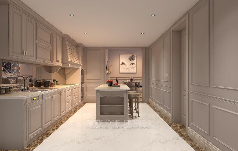 Thiết kế tủ bếp chữ i kiểu dáng tân cổ điển, các chi tiết chạm khắc tinh xảo, không quá cầu kì tạo sự sang trọng, đẳng cấp mà không rối mắt cho người nhìn Thiết kế và sản xuất tủ bếp đẹp