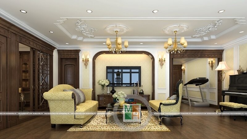 Mẫu thiết kế chung cư tân cổ điển đẹp với đồ nội thất gỗ màu nâu trầm và cách xếp hợp lí mang đến không gian sống lí tưởng cho gia chủ. Nội thất chung cư tân cổ điển đẹp