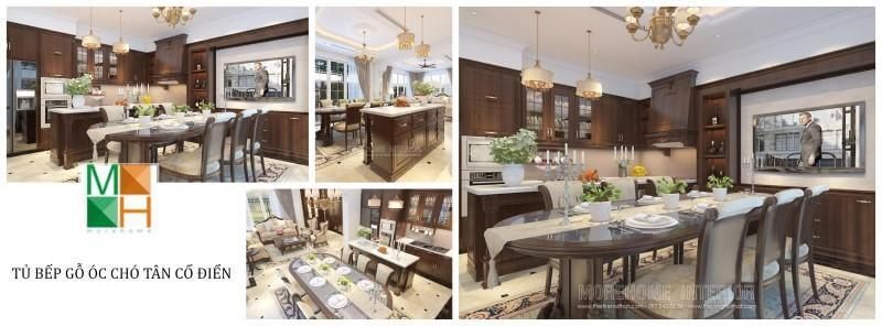 Phong cách tủ bếp tân cổ điển bằng gỗ óc chó đang trở thành một trào lưu trong giới thiết kế nội thất , với ưu điểm nổi bật , tôn lên vẻ sang trọng của không gian bếp.