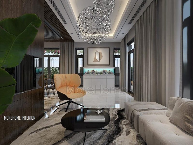 Sự phân chia độc đáo được tạo ra bởi thảm lông mềm nghệ thuật giúp tạo nên phòng khách hiện đại sang trọng.