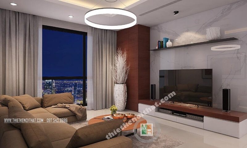 Thiết kế phòng khách cao cấp tận dụng tối đa lợi thế về không gian và ánh sáng với sự xuất hiện của bộ sofa vải tạo điểm nhấn nổi bật cho căn phòng