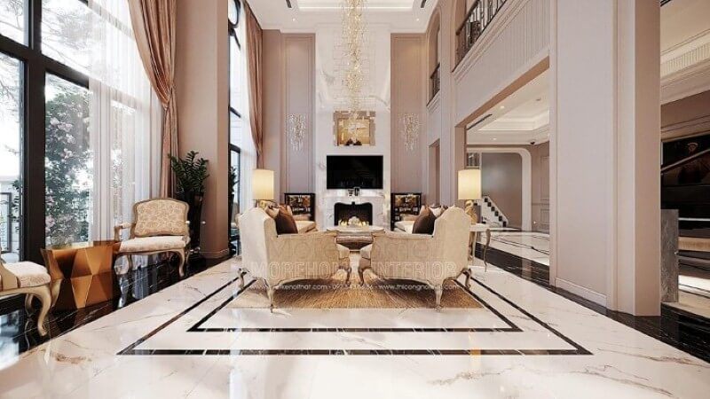 Bố trí nội thất phòng khách thông tầng biệt thự cao cấp tại Vinhomes Imperia Hải Phòng.