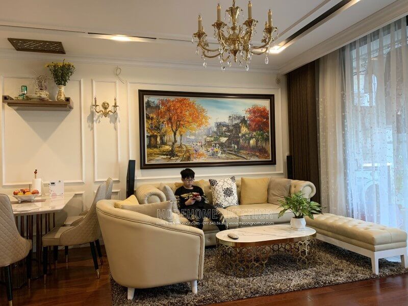 Thi công sofa phòng khách bọc da phong cách tân cổ điển đẹp sang trọng ở chung cư vinhomes nguyễn chí thanh quận đống đa hà nội