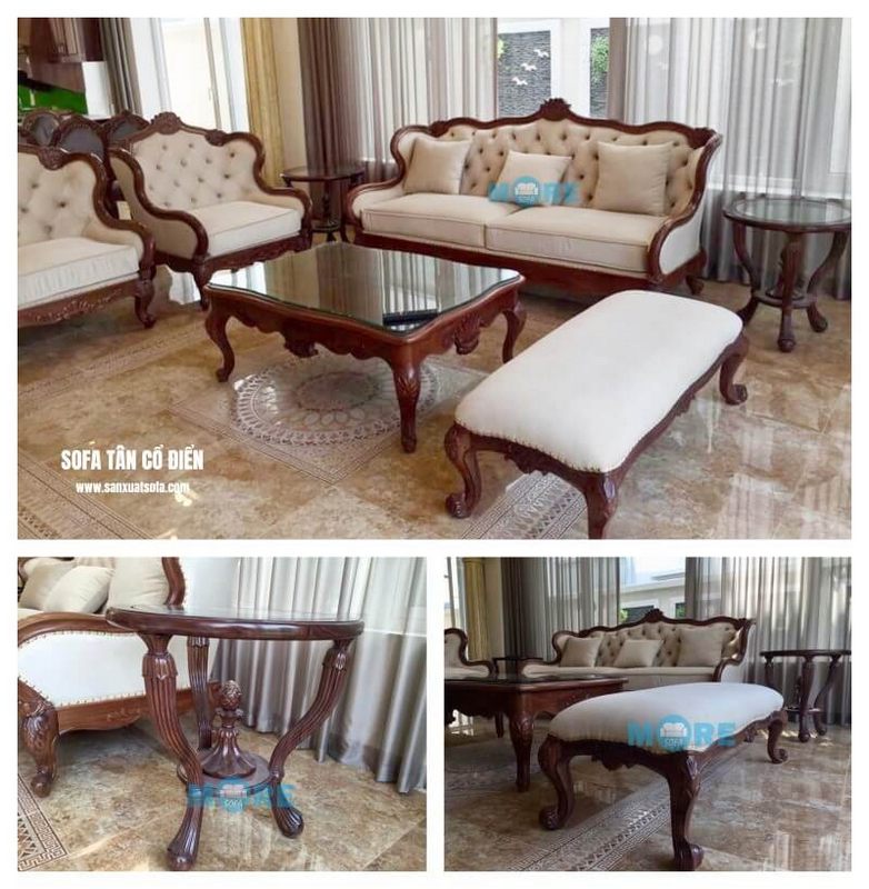 Bộ Sofa tân cổ điển bọc nỉ đẹp kết hợp với bàn trà, tab cùng màu sẽ làm nên một tổng thể phòng khách sang trọng, đẳng cấp.