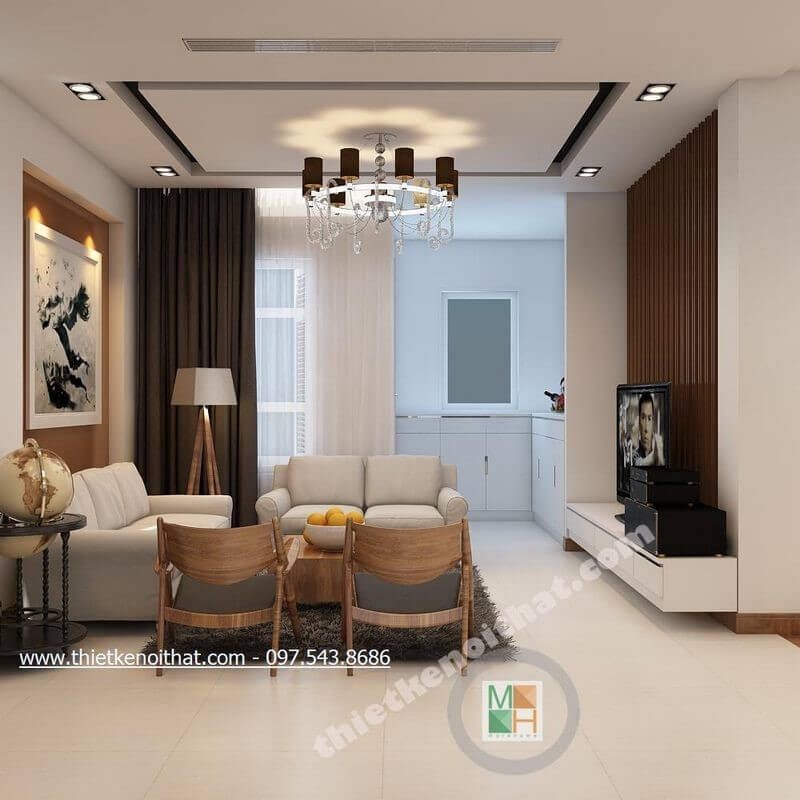 Nội thất phòng khách hiện đại với tone màu trắng chính làm nên sự tươi mới và sang trọng cho không gian.