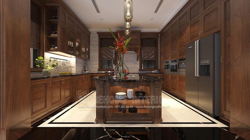 Mẫu tủ bếp tân cổ điển được làm từ gỗ óc chó nhập khẩu cao cấp, được chạm khắc hoa văn cầu kì, tỉ mỉ kết hợp với những màu sắc óc chó sang trọng, tạo nên một không gian cuốn hút, khiến bất cứ ai cũng muốn sở hữu.