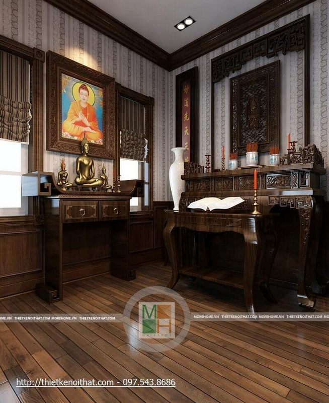 Thiết kế nội thất phòng thờ chất liệu gỗ tự nhiên cao cấp, tinh tế và sang trọng.